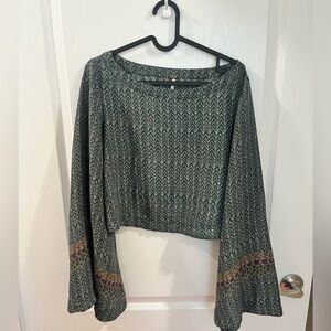 Free People bohemian green, maroon, and yellow, bell sleeve shirt size small